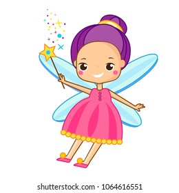 Cute fairy flapping magic wand. Cartoon flying fairy, pixie, elf character. Vector illustration