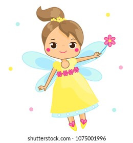 Cute fairy flapping magic wand. Cartoon flying fairy, pixie, elf character. Vector illustration
