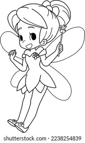 Cute Fairy Floating With Magic Wand Cartoon Vector Illustration Isolated on white background,coloring book,coloring page.