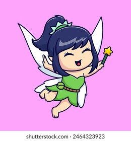 Cute Fairy Floating With Magic Wand Cartoon Vector Icon Illustration. People Holiday Icon Concept Isolated Premium Vector. Flat Cartoon Style