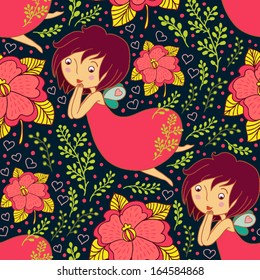 cute fairy and flowers seamless pattern