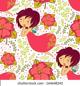 cute fairy and flowers white seamless pattern