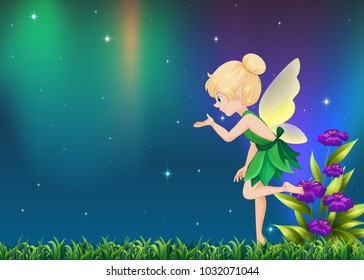 Cute fairy flying in garden at night illustration