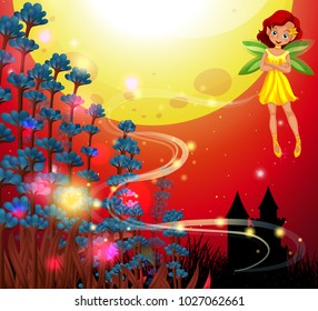Cute fairy flying in garden with red sky in background illustration