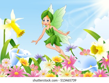 Cute fairy flying on flower field