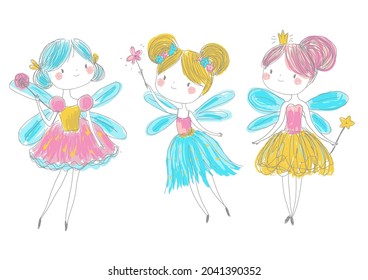 Cute fairy friends in hand drawn style. Cartoon fairy princess with magic wands. Pixie, elf girls set