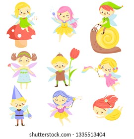 Cute fairy. Garden elf and pixie. Little people. Beautiful girls and bys in winged flying costumes. Vector Set of cartoon fantasy chartacters.