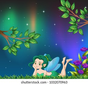Cute fairy in garden at night illustration