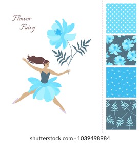 Cute fairy girl with big blue flower. Card and set of patterns in blue colors with flowers, leaves, stars and polka dot. Fashion design for clothing. Vector illustration.