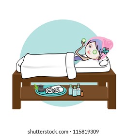 Cute fairy girl character laying down on a spa bed, having a facial treatment with cucumber slices in her eyes.