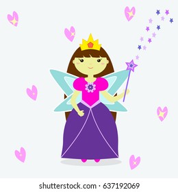 A cute fairy girl with a crown, long hair, with wings, a magic wand and a dress