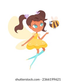 Cute fairy girl flying with bee together vector illustration. Cartoon isolated elf character with yellow butterfly wings, flight of smiling magical princess in yellow dress with funny furry friend