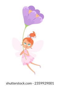 Cute fairy girl flying with flower vector illustration. Cartoon isolated fairytale little elf with pink butterfly wings and dress holding forest flower to fly in wind, happy magic pixies journey