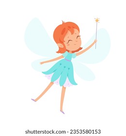 Cute fairy girl flying with magic wand vector illustration. Cartoon isolated princess character with blue butterfly wings and dress holding up stick with gold star and sparkles, happy cheerful doll