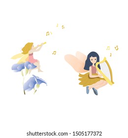 Cute Fairy girl in fying fairy costumes playing musical instrument, flute, mandolin. vector illustrator.