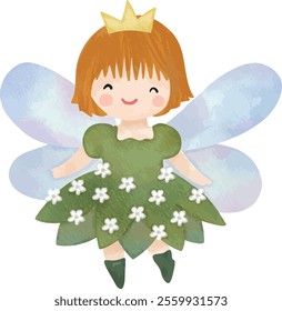 Cute fairy girl in green flower floral dress with iridescent wings wearing yellow crown short ginger hair illustration watercolor forest clipart digital planner sticker