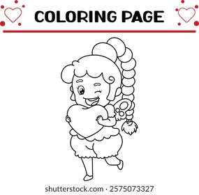 cute fairy girl with long hair is holding love coloring page for kids