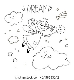 Cute fairy girl with a magic wand. Vector cartoon illustration. Black and white coloring.