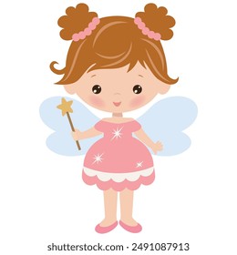 Cute fairy girl with magic wand vector cartoon illustration