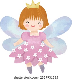 Cute fairy girl in pink purple flower floral dress with iridescent wings wearing yellow crown short ginger hair illustration watercolor forest clipart digital planner sticker