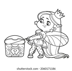 Cute fairy girl pulls the floss out of the package with an effort  outlined for coloring on a white background