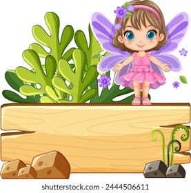 Cute fairy girl standing on a blank wooden sign.