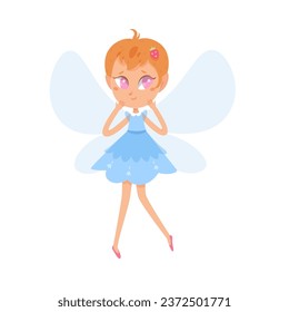Cute fairy girl vector illustration. Cartoon isolated fairytale princess character with blue butterfly wings and dress flying, funny gesture of dancing elf, pretty doll with adorable face and eyes