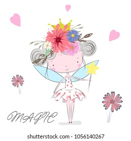 Cute fairy girl.cartoon hand drawn vector illustration. Can be used for baby t-shirts printing, fashion printing design, baby clothes, baby shower celebration, greeting and invitation.