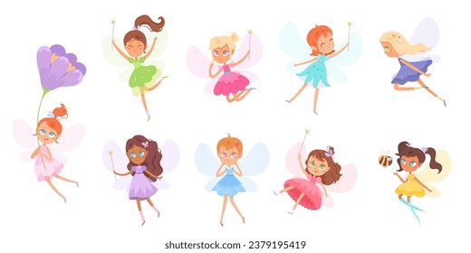 Las chicas guapísimas establecen la ilustración vectorial. Caricatura aisló a bonitas princesas personajes con alas de mariposa, volando pequeños ángeles y elfos de fantasía, bailarinas de bebé en azul y rojo, vestidos rosas