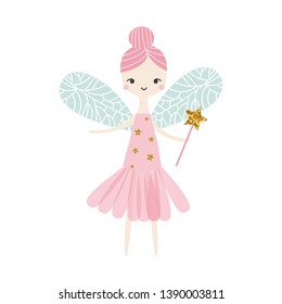 Cute fairy with glitter magic wand. Kids fashion print. Vector hand drawn illustration.