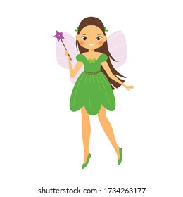 Cute fairy in green dress. Cartoon winged forest fairy princess flapping magic wand