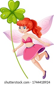 Cute fairy holding a lucky clover cartoon character on white background illustration