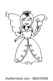 Cute fairy holding magical star wand flying happy