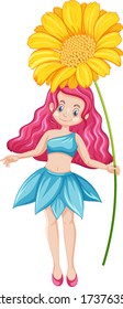 Cute fairy holding a yellow flower cartoon character on white background illustration