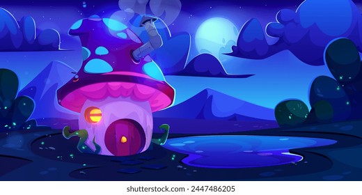 Cute fairy house with door landscape at night. Fantasy gnome near magic lake. Beautiful fairytale building for dwarf. Funny elf cottage home inside fungus and outdoors firefly sparkle illustration