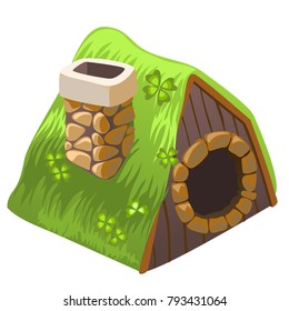 Cute fairy house dugout with chimney isolated on white background. Vector cartoon close-up illustration.