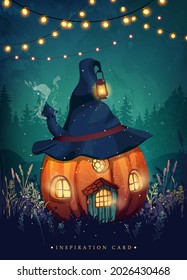 Cute fairy house made of pumpkin and witch hat. Autumn festive halloween illustration.