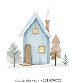 Cute fairy house. Scandinavian cozy house. Hand drawn childlike illustration. Watercolor snowy houses.