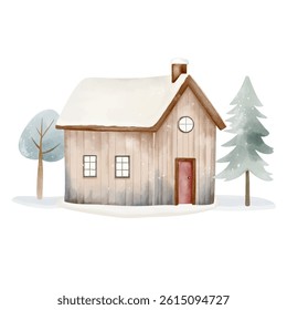 Cute fairy house. Scandinavian cozy house. Hand drawn childlike illustration. Watercolor winter houses.