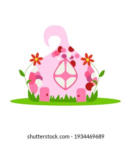 Cute fairy house surrounded by grass. Soft pink house for your creative design. Vector illustration
