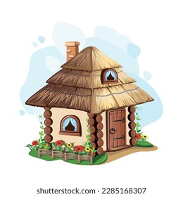 Cute fairy house with thatched roof, old wooden door, window, chimney and beautiful flowers. Vector illustration in cartoon style isolated on white background.