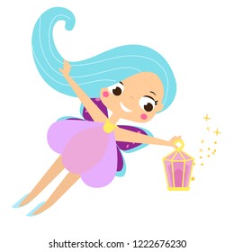 Cute fairy with lantern. Cartoon little flying pixie, elf character. Vector illustration