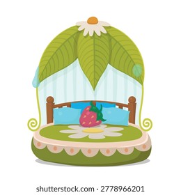 Cute fairy leaf bed with pillows and flower decoration isolated on white background.