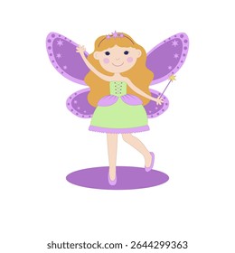 Cute fairy in lilac dress and wings, with magic wand, vector illustration. Image of charming children's fairytale character on isolated white background. Fairy, wings, magic, sorcery