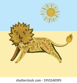 Cute fairy lion with ornamental ornate floral elements in desert.