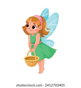 Cute Fairy and Little Pixie with Wings Carry Basket Vector Illustration