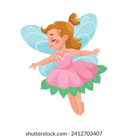 Cute Fairy and Little Pixie with Wings in Dress Vector Illustration