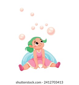 Cute Fairy and Little Pixie with Wings Sit Among Soap Bubbles Vector Illustration