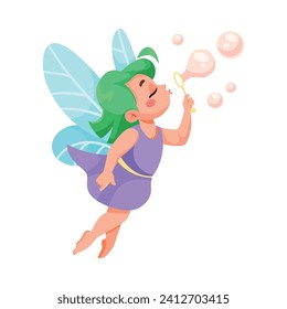 Cute Fairy and Little Pixie with Wings Soap Bubble Vector Illustration