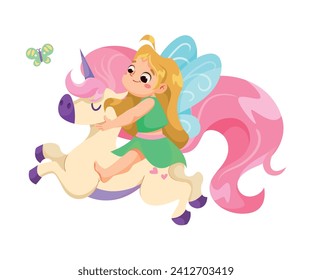 Cute Fairy and Little Pixie with Wings in Dress Ride Unicorn Vector Illustration